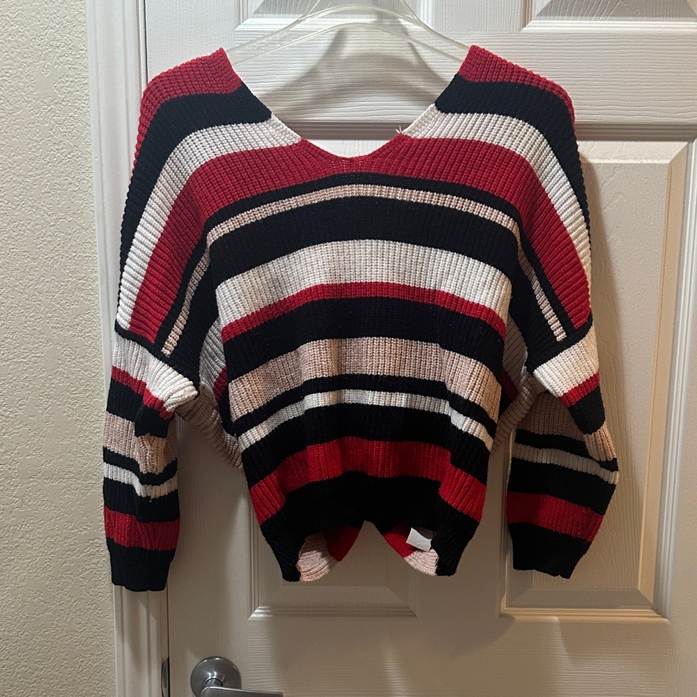 SHEIN V-Neck Sweater - Red, Black, Cream Stripes